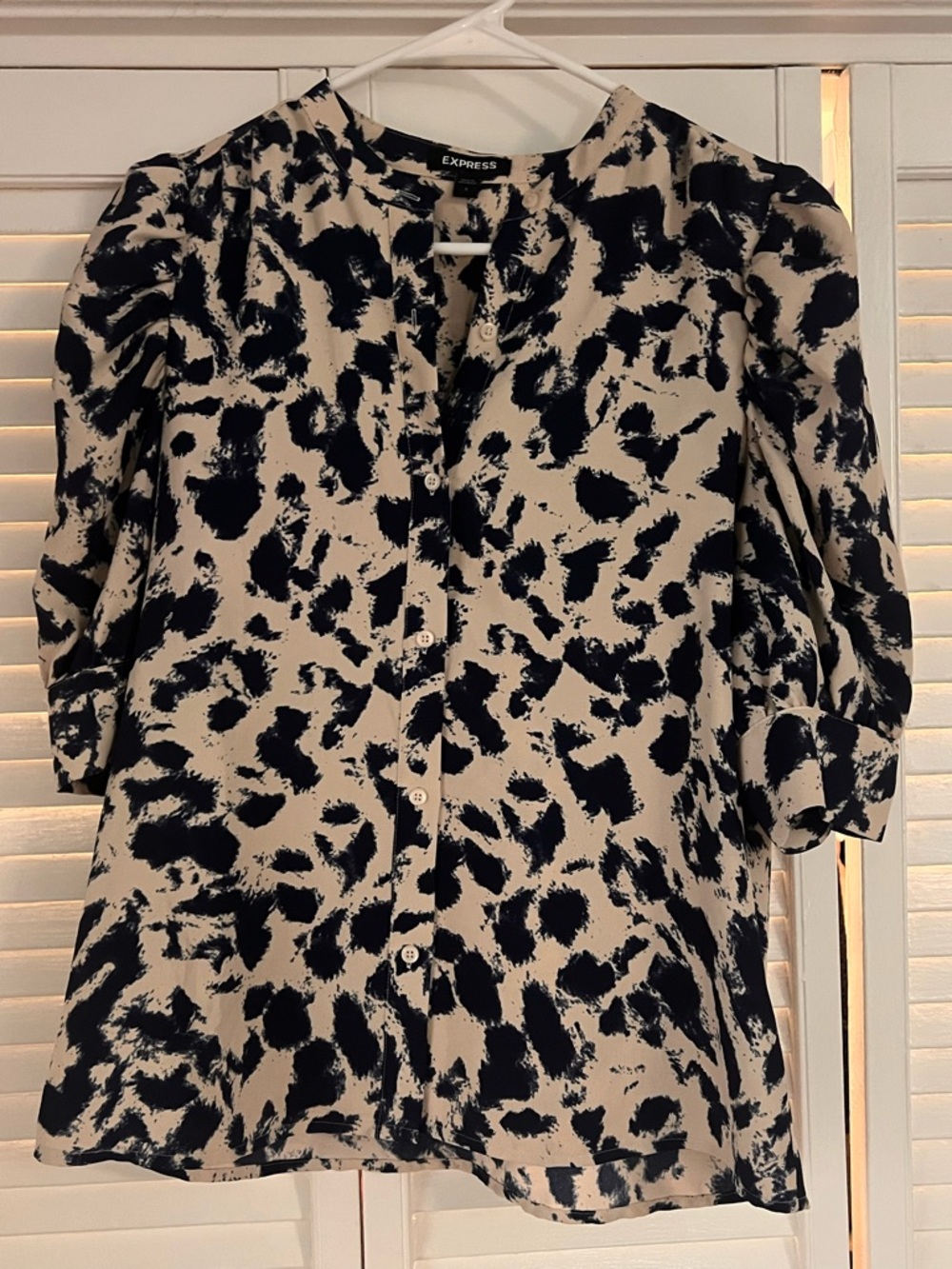 Express Dark Blue and Cream Abstract Button-Front Blouse